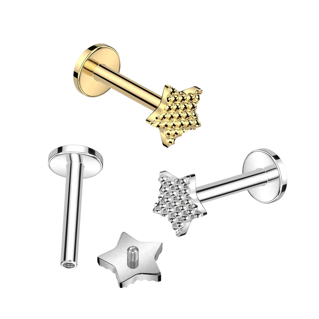 16G Titanium Internally Threaded Labret W/ Bumped Cut Star Top